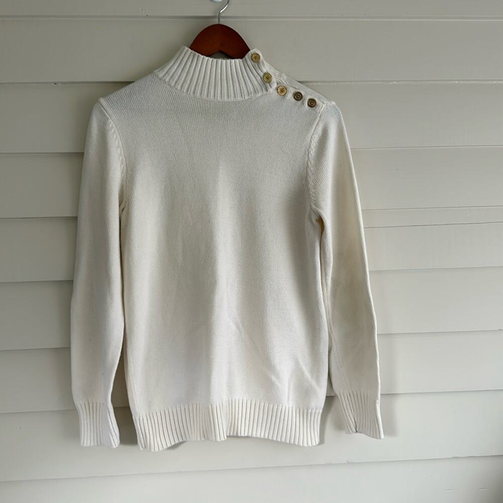 Liz Claiborne 100% Cotton Cream Knit Sweater Gold Button Shoulder M Vintage Look